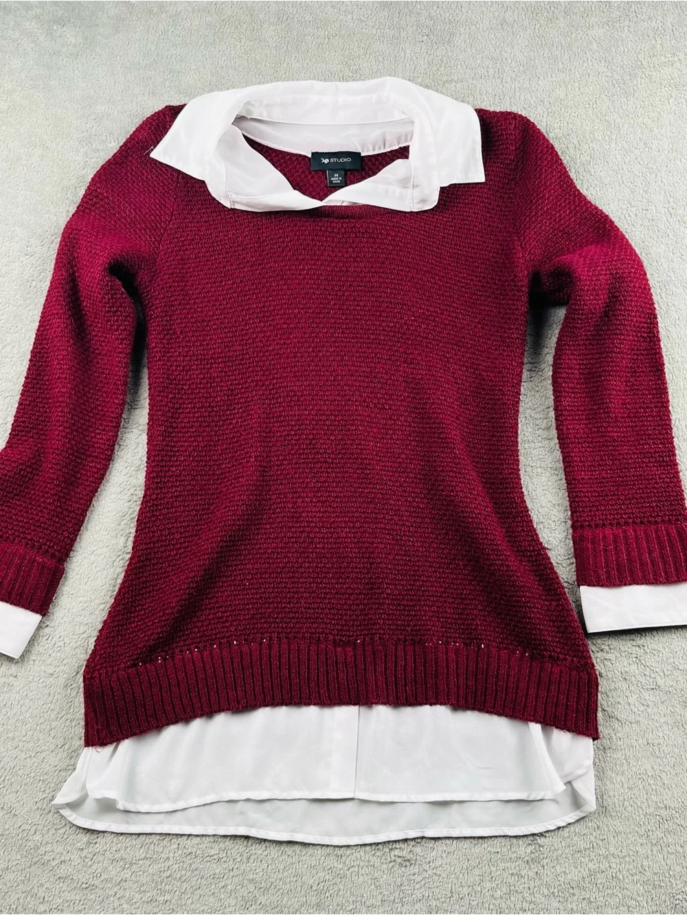 AB Studio Burgundy Crewneck Sweater with White Shirt Hem